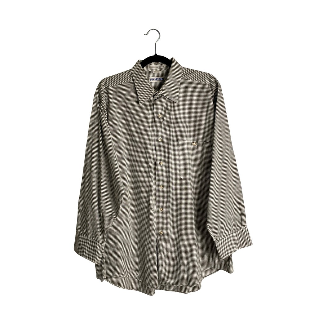 VTG 90s Van Heusen Mens L Plaid Gingham Button Down Shirt Brown Oversized Y2K